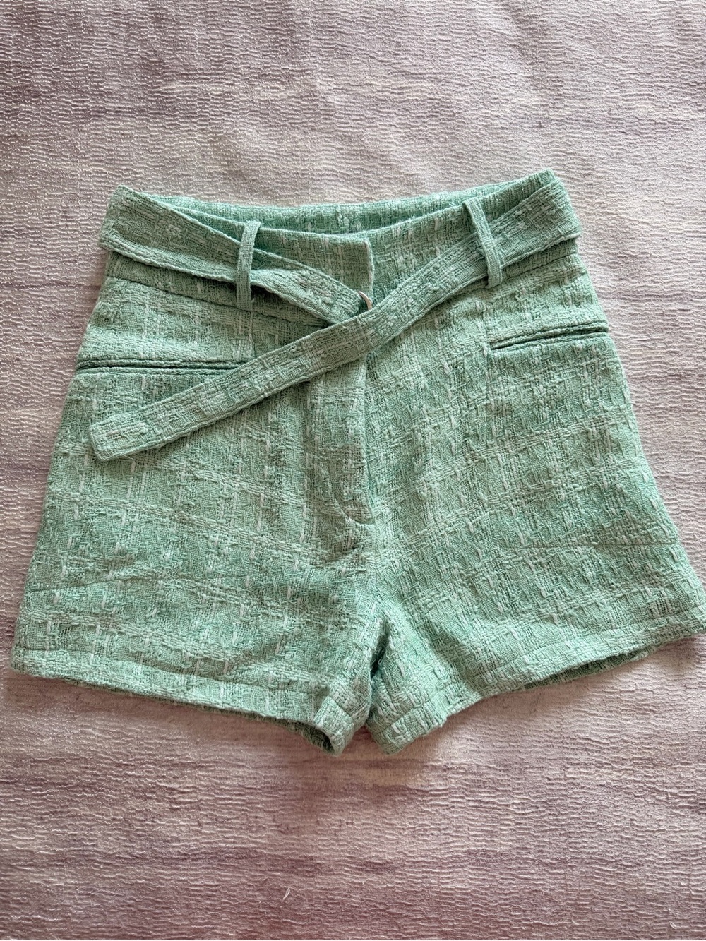 IRO Mint Green Glitter Tweed High-Waist Textured Shorts with Waist Tie, Size 36